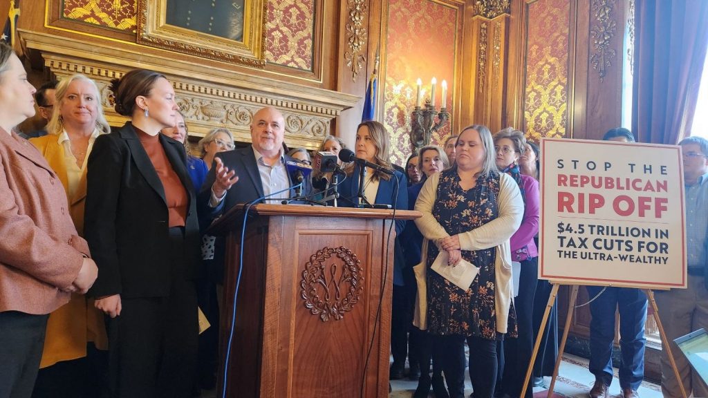 Democratic U.S. Rep. Mark Pocan talks Wednesday morning about programs in Wisconsin that could be affected by Republican proposals to cut the federal budget. Assembly Minority Leader Greta Neubauer (D-Racine), left, and Senate Minority Leader Dianne Hesselbein (D-Middleton), right, also took part in the state Capitol press conference. (Photo by Erik Gunn/Wisconsin Examiner)