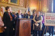 Democratic U.S. Rep. Mark Pocan talks Wednesday morning about programs in Wisconsin that could be affected by Republican proposals to cut the federal budget. Assembly Minority Leader Greta Neubauer (D-Racine), left, and Senate Minority Leader Dianne Hesselbein (D-Middleton), right, also took part in the state Capitol press conference. (Photo by Erik Gunn/Wisconsin Examiner)