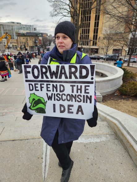 Julie Mankowski, a participant and speaker at Wednesday’s Capitol protest against the Trump administration. (Photo by Erik Gunn/Wisconsin Examiner)