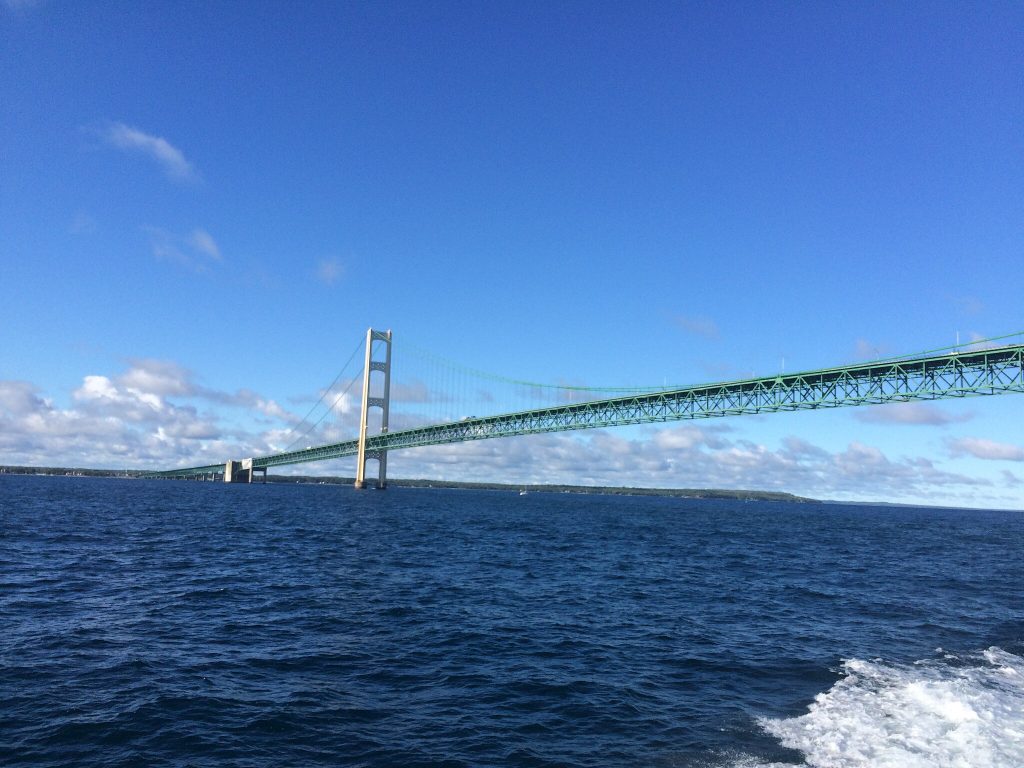 A view of the Mackinac Bridge from the Straits of Mackinac. Photo by ElementBroccoli, CC BY-SA 4.0 , via Wikimedia Commons