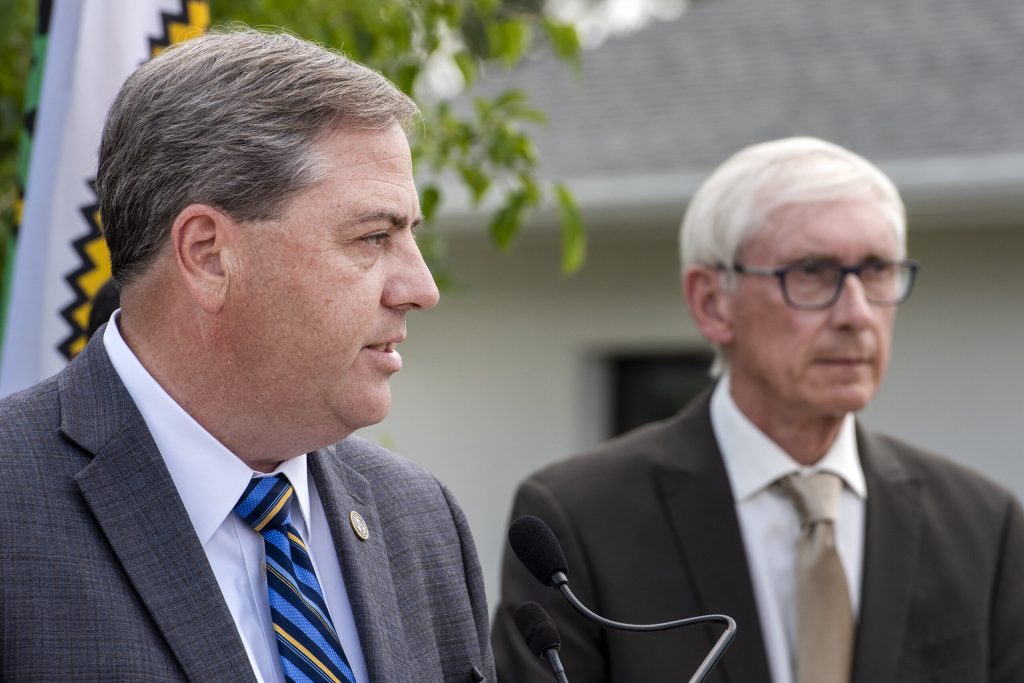 Waukesha County Executive Paul Farrow, left, speaks while standing near Gov. Tony Evers at a press conference Tuesday, July 6, 2021, in Waukesha, Wis. Angela Major/WPR