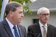 Waukesha County Executive Paul Farrow, left, speaks while standing near Gov. Tony Evers at a press conference Tuesday, July 6, 2021, in Waukesha, Wis. Angela Major/WPR