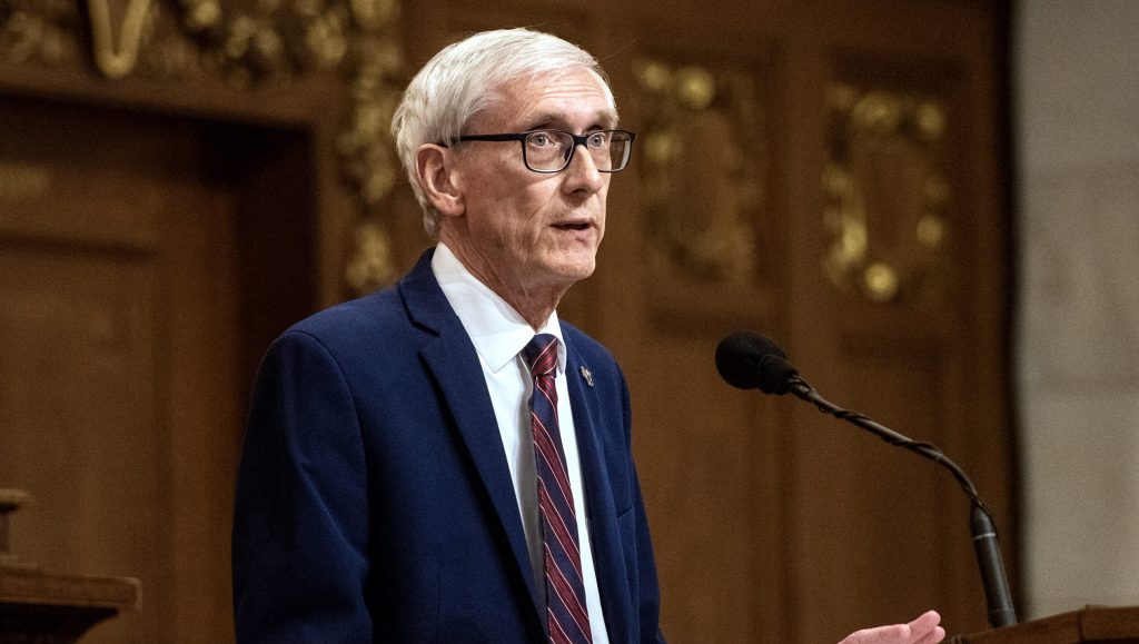 Gov. Tony Evers delivers the biennial budget message Wednesday, Feb. 15, 2023, at the Wisconsin State Capitol in Madison, Wis. Angela Major/WPR