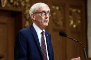 Gov. Tony Evers delivers the biennial budget message Wednesday, Feb. 15, 2023, at the Wisconsin State Capitol in Madison, Wis. Angela Major/WPR