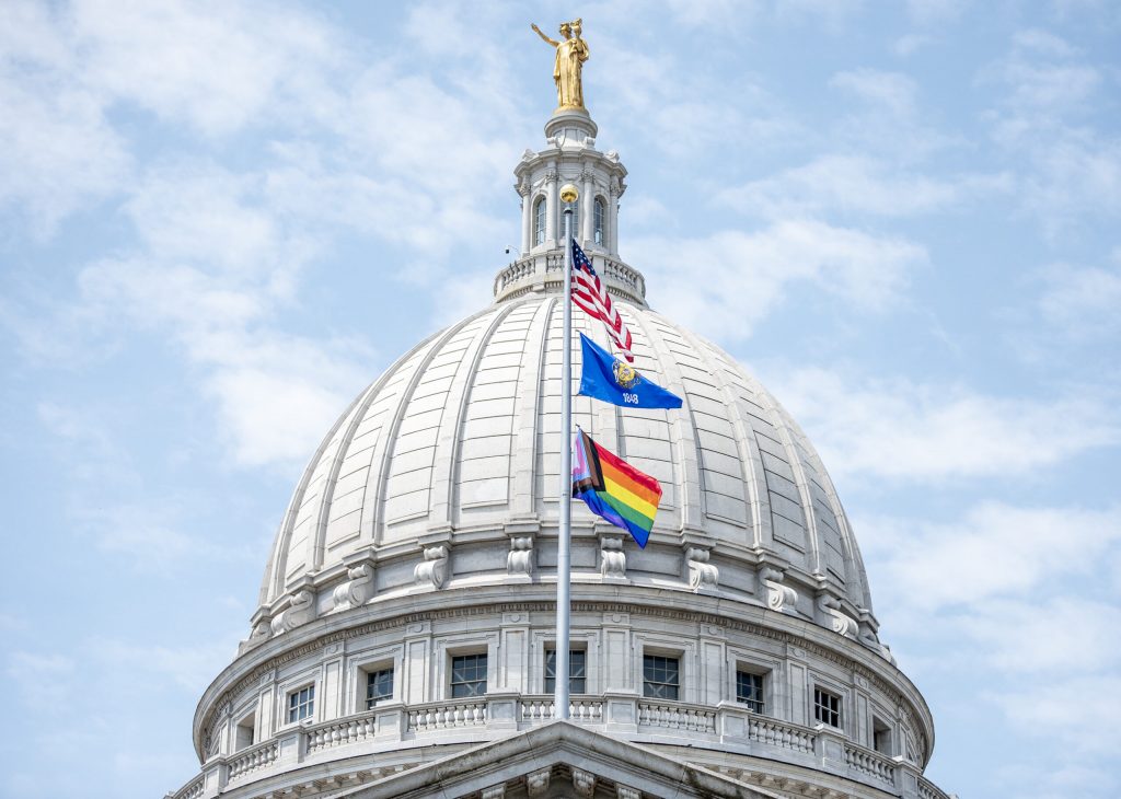 A Pride flag flies in the wind Thursday, June 1, 2023, at the Wisconsin State Capitol in Madison, Wis. Angela Major/WPR