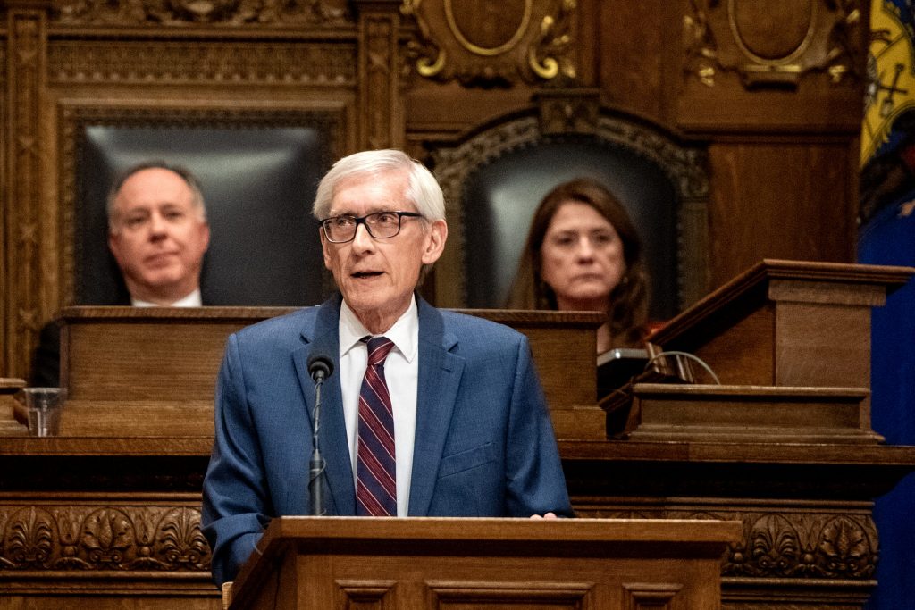 Gov. Tony Evers delivers the State of the State address Wednesday, Jan. 22, 2025, at the Wisconsin State Capitol in Madison, Wis. Angela Major/WPR