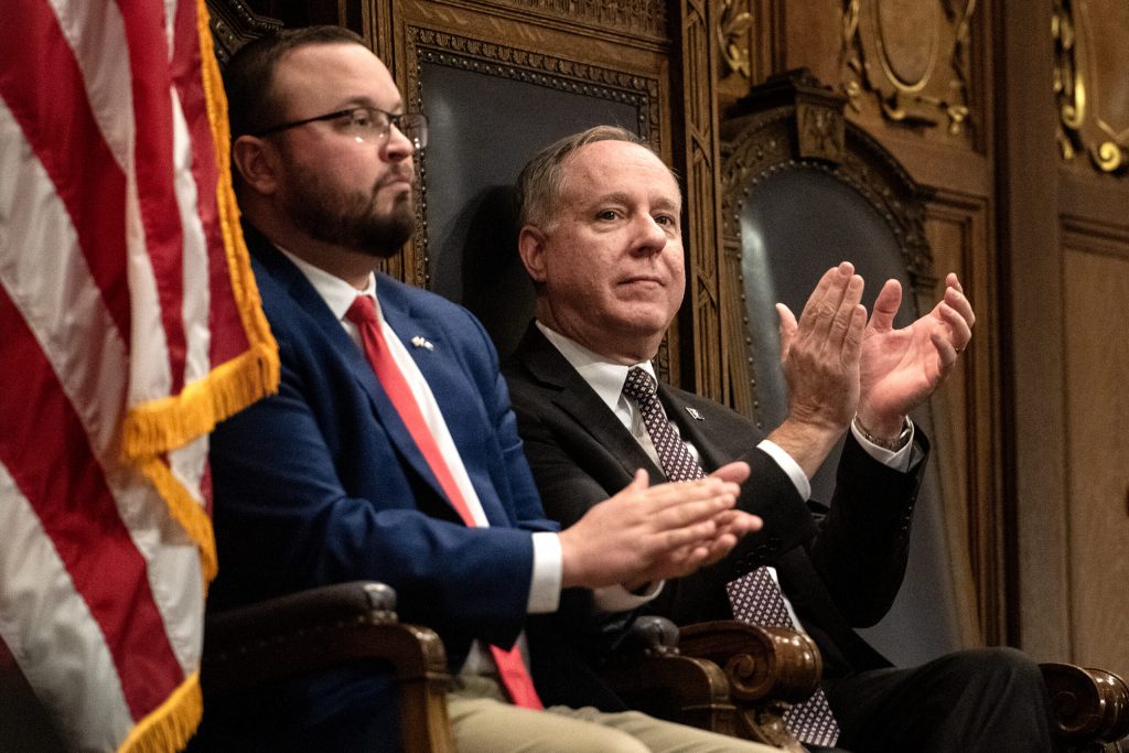 Wisconsin Assembly Speaker Robin Vos, right, awaits Gov. Evers’ State of the State address Wednesday, Jan. 22, 2025, at the Wisconsin State Capitol in Madison, Wis. Angela Major/WPR