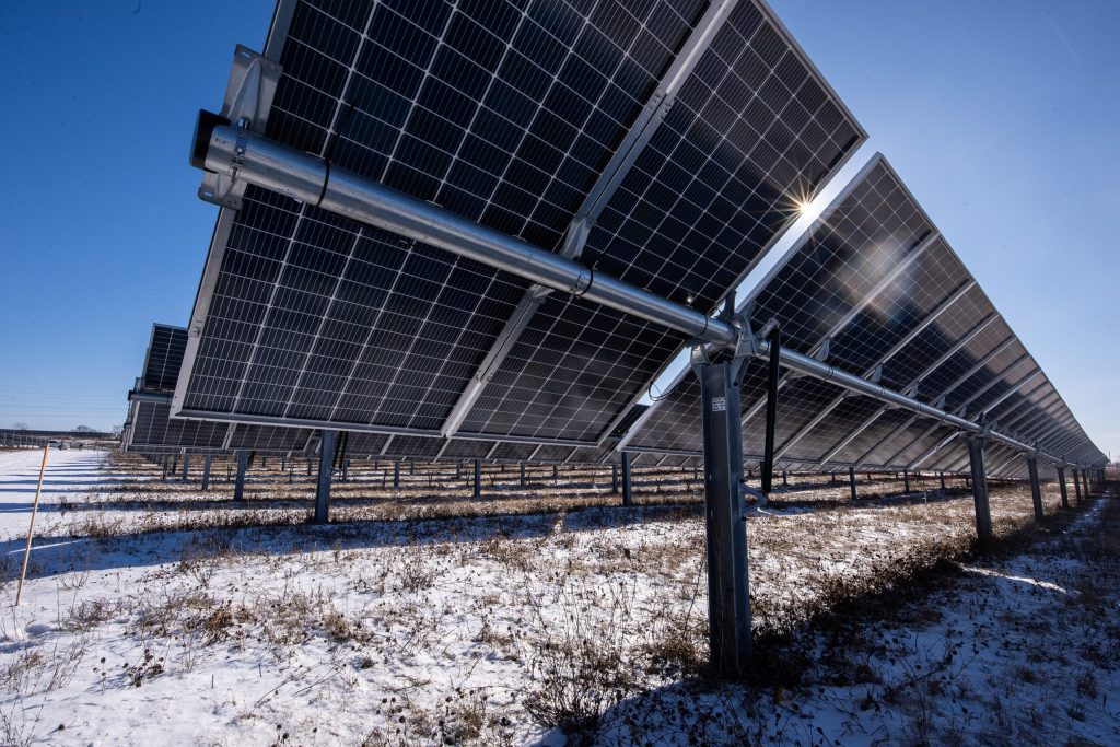 The sun shines in between solar panels Friday, Jan. 24, 2025, in Union Grove, Wis. Angela Major/WPR