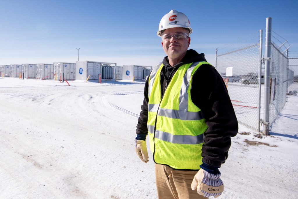 Paris Solar Park supervisor Bob Frazee stands at the battery site near the solar farm Friday, Jan. 24, 2025, in Union Grove, Wis. Angela Major/WPR