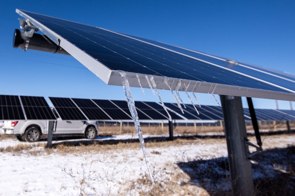 Icicles cling on to the solar panels Friday, Jan. 24, 2025, in Union Grove, Wis. Angela Major/WPR