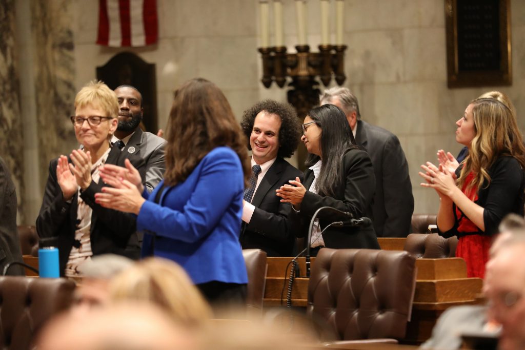 Gov. Tony Evers gives his first State of the State address in Madison, Wisconsin, at the state Capitol building on Jan. 22, 2019. Here, Rep. Jonathan Brostoff, D-Milwaukee, is seen at the speech. Emily Hamer/Wisconsin Center for Investigative Journalism