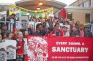 Members of Youth Empowered in the Struggle, part of Voces De La Frontera, march at the central office of Milwaukee Public Schools in 2017 before a vote by the Milwaukee Board of School Directors to designate the district a “safe haven” for undocumented immigrant students and their families. (NNS file photo)