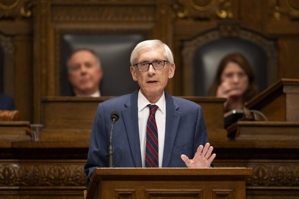 Wisconsin Gov. Tony Evers delivers his State of the State address on Jan. 22, 2025, at the State Capitol in Madison, Wis. (Joe Timmerman / Wisconsin Watch)