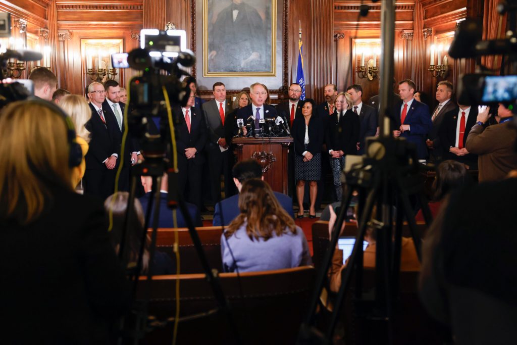 Assembly Speaker Robin Vos responds to Gov. Tony Evers’s budget address during a press conference at the Wisconsin state Capitol building in Madison. (Ruthie Hauge/The Capital Times)