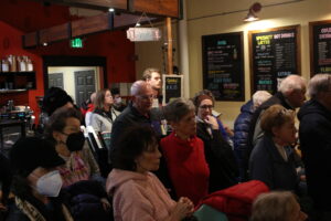 Voters packed into Crawford’s campaign event at the Kickback Cafe in Oregon. (Henry Redman | Wisconsin Examiner)