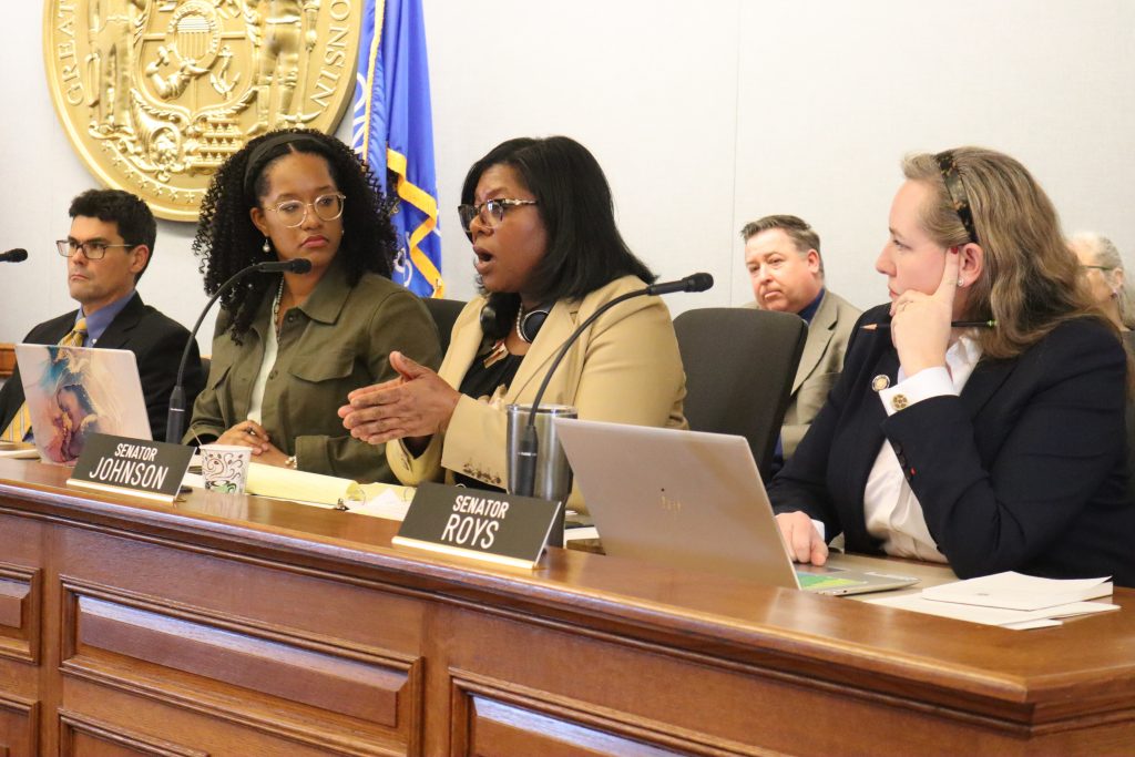 Sen. LaTonya Johnson asks questions during a Senate committee hearing. (Photo by Isiah Holmes/Wisconsin Examiner)