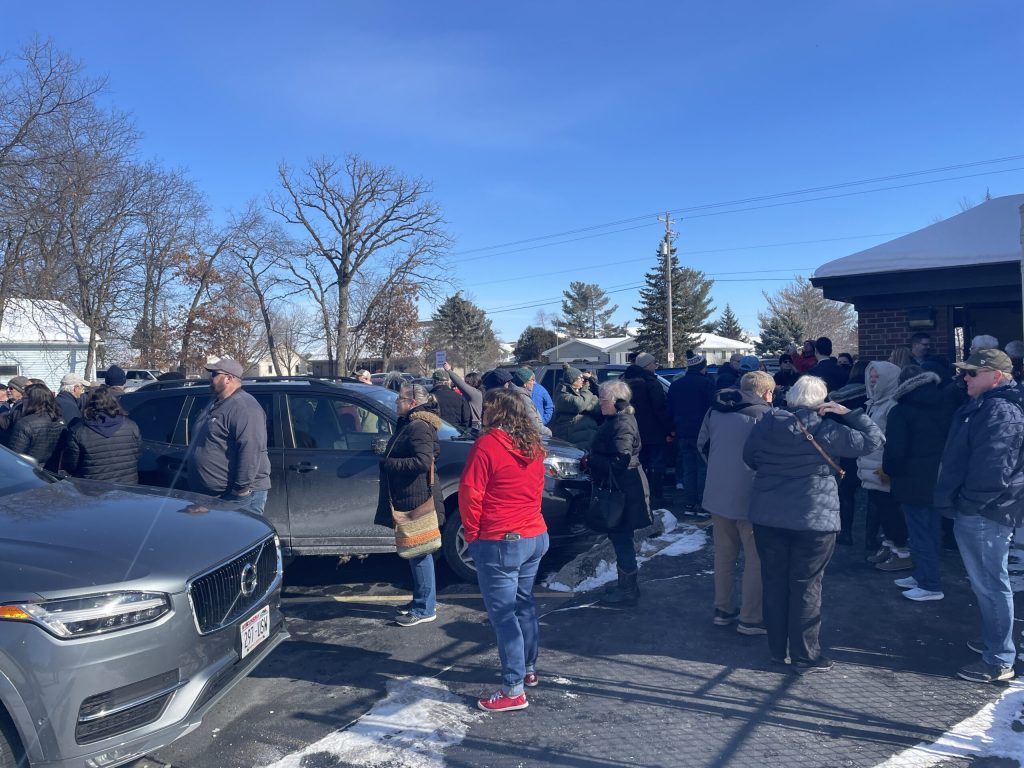 Several dozen people weren’t let into the town hall meeting with U.S. Rep. Glenn Grothman after the venue reached capacity on Feb. 21, 2025. Nick Rommel/WPR