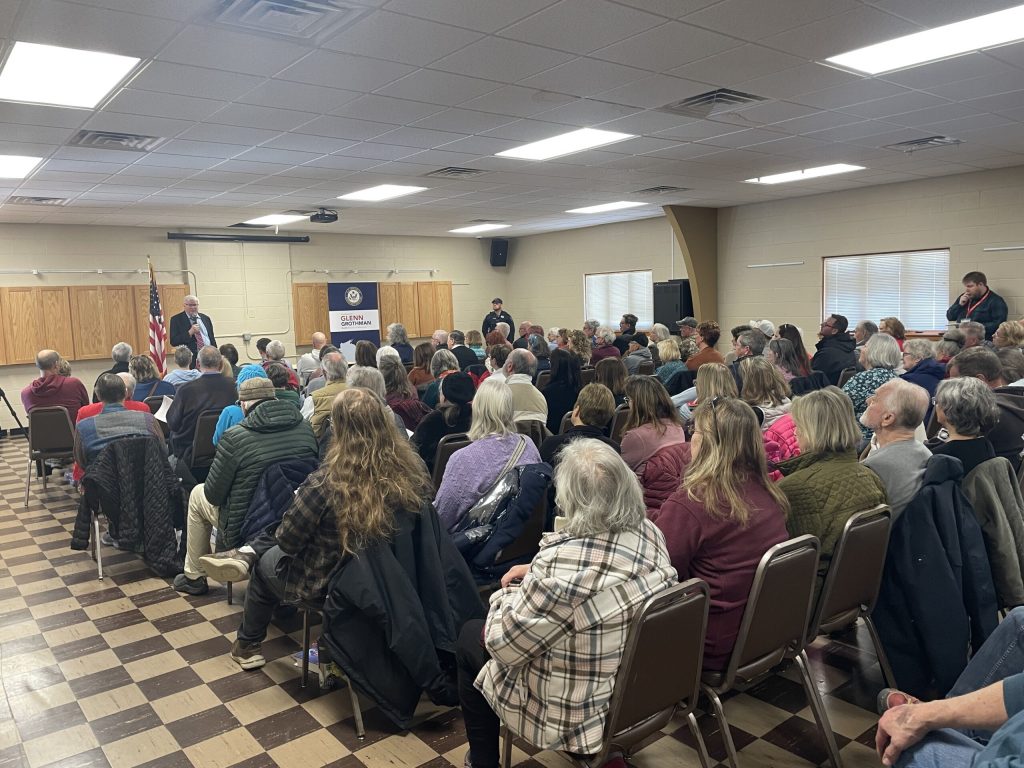 Around 100 people attend U.S. Rep. Glenn Grothman’s town hall meeting in Oshkosh on Feb. 21, 2025. Nick Rommel/WPR