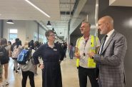 State Superintendent Jill Underly with Madison La Follette High School Principal Mathew Thompson and Madison Public School District Superintendent Joe Gothard in the hallway at La Follette | Photo by Ruth Conniff