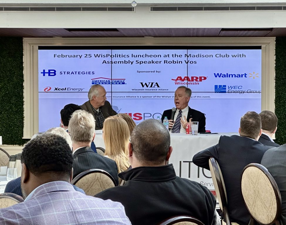 Jeff Mayers, left, president of WisPolitics, moderates a discussion with Assembly Speaker Robin Vos, R-Rochester, at the Madison Club on Thursday, Feb. 25, 2025. (Anya van Wagtendonk/WPR)