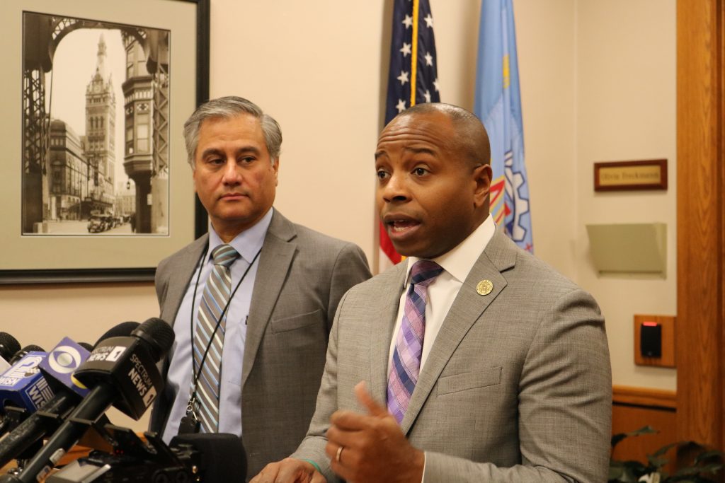 Mayor Cavalier Johnson (right) and MPS Interim Superintendent Eduardo Galvan (left) speak at a press conference. Photo by Sophie Bolich.