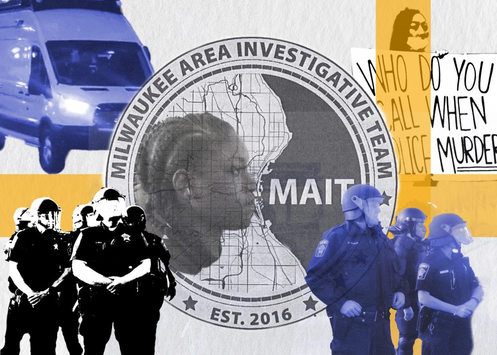 Images of the Milwaukee Area Investigative Team (MAIT) emblem, Taleavia Cole (the sister of Alvin Cole), protesters, riot police, and surveillance vehicles from the 2020 George Floyd-inspired protests. (Photos by Isiah Holmes/Wisconsin Examiner. Graphic by Henry Redman/Wisconsin Examiner)