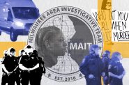 Images of the Milwaukee Area Investigative Team (MAIT) emblem, Taleavia Cole (the sister of Alvin Cole), protesters, riot police, and surveillance vehicles from the 2020 George Floyd-inspired protests. (Photos by Isiah Holmes/Wisconsin Examiner. Graphic by Henry Redman/Wisconsin Examiner)