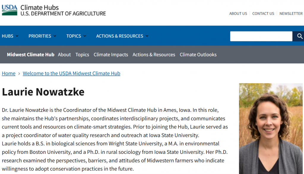 Laurie Nowatzke was terminated from her position as associate director and science coordinator of the U.S. Department of Agriculture’s Midwest Climate Hub on Feb. 13, 2025 as part of the Trump administration’s massive cuts to the federal workforce. This screenshot from the USDA website was taken on Feb. 26, 2025, nearly two weeks after her termination. Richelle Wilson/WPR