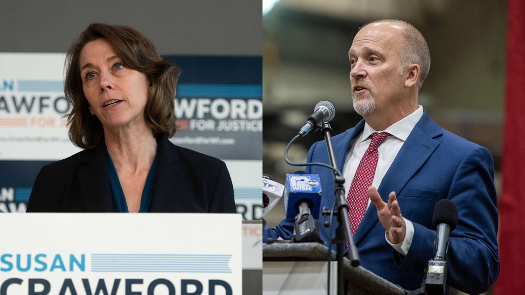 Left: Liberal Wisconsin Supreme Court candidate Susan Crawford at a campaign event on Feb. 13, 2025. Right: Conservative Wisconsin Supreme Court candidate Brad Schimel at his campaign announcement Nov. 30, 2023. Angela Major/WPR