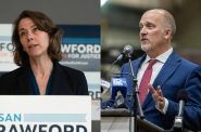 Left: Liberal Wisconsin Supreme Court candidate Susan Crawford at a campaign event on Feb. 13, 2025. Right: Conservative Wisconsin Supreme Court candidate Brad Schimel at his campaign announcement Nov. 30, 2023. Angela Major/WPR