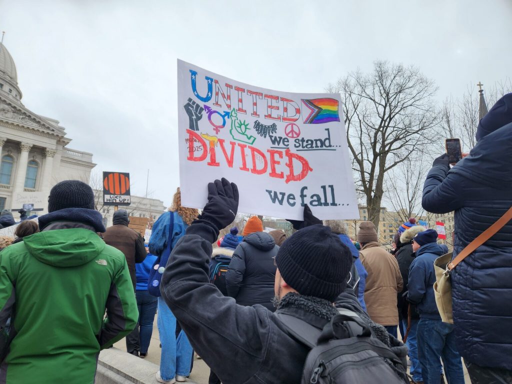 Protesters rally Wednesday outside the Wisconsin Capitol building in Madison. (Photo by Erik Gunn/Wisconsin Examiner)