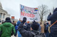 Protesters rally Wednesday outside the Wisconsin Capitol building in Madison. (Photo by Erik Gunn/Wisconsin Examiner)