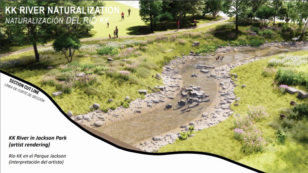 Rendering of naturalized Kinnickinnic Riverbed. Image from MMSD.