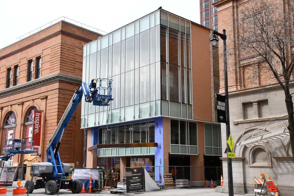 Construction of the new entrance to the Associated Bank Theater Center. Photo by Jeramey Jannene.