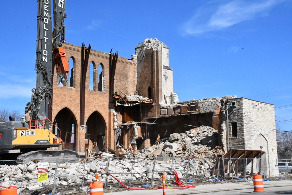 Demolition of former Holy Spirit Catholic Church. Photo by Jeramey Jannene.