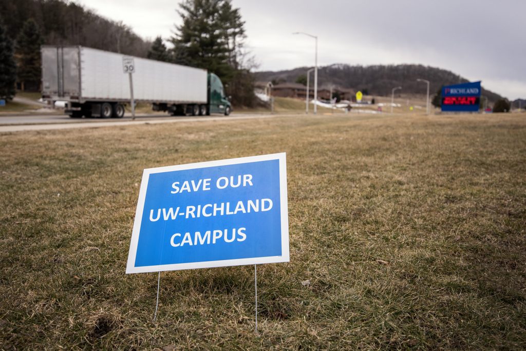 A sign is displayed Wednesday, March 8, 2023, at University of Wisconsin-Platteville Richland in Richland Center, Wis. Angela Major/WPR