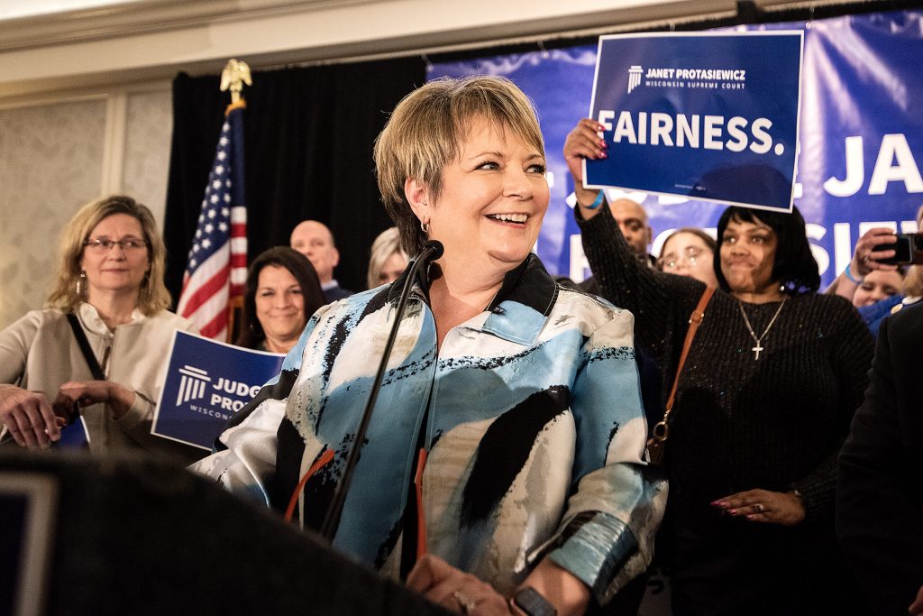 Judge Janet Protasiewicz, candidate for the Wisconsin Supreme Court, speaks to attendees at her election night event Tuesday, April 4, 2023, at Saint Kate – The Arts Hotel in Milwaukee, Wis. Angela Major/WPR