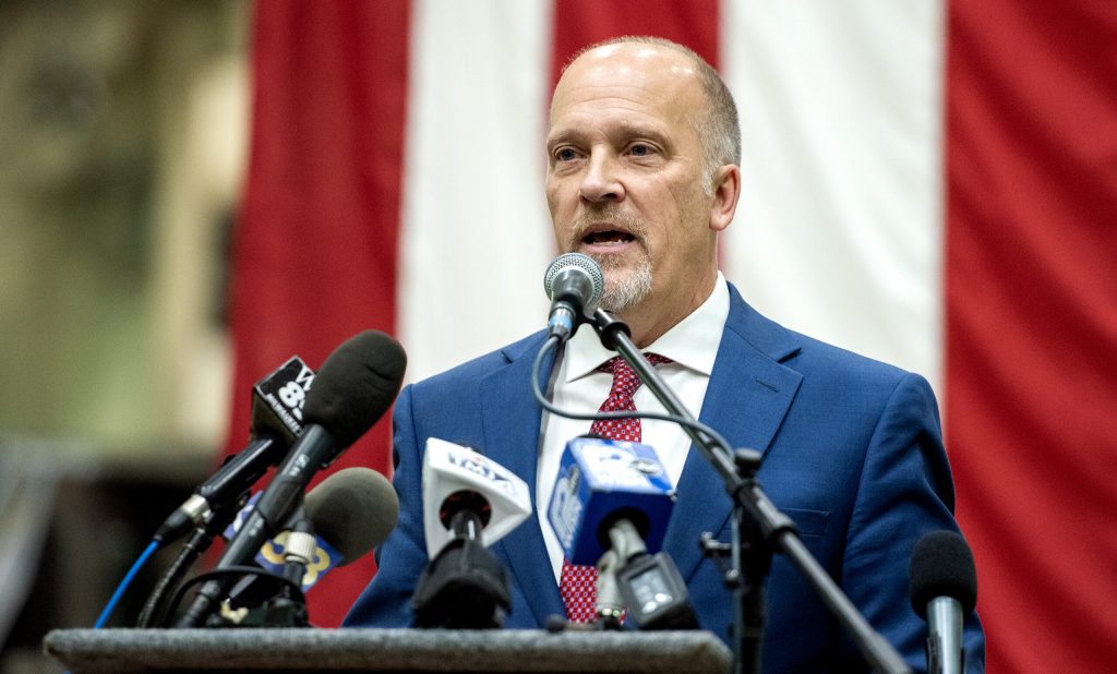 Brad Schimel announces his run for Wisconsin State Supreme Court on Thursday, Nov. 30, 2023, in Waukesha, Wisconsin. Angela Major/WPR