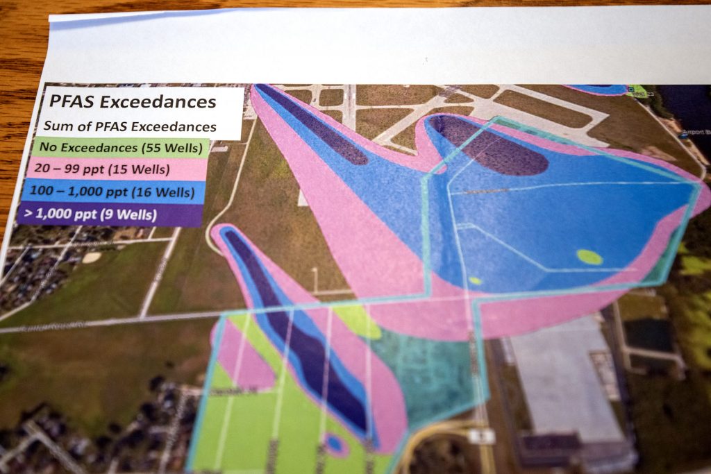 A map from 2021 shows the amount of PFAS in the French Island area where Margie Walker and Jim Boisen’s home is located. Subsequent testing found PFAS in hundreds more wells. Angela Major/WPR