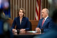 Candidates for the Wisconsin Supreme Court Susan Crawford, left, and Brad Schimel, right, participate in a debate Wednesday, March 12, 2025, at Marquette University in Milwaukee, Wis. Angela Major/WPR