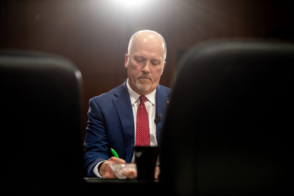 Brad Schimel, candidate for the Wisconsin Supreme Court, sits before his debate with his opponent in the race, Susan Crawford, on Wednesday, March 12, 2025, at Marquette University in Milwaukee, Wis. Angela Major/WPR