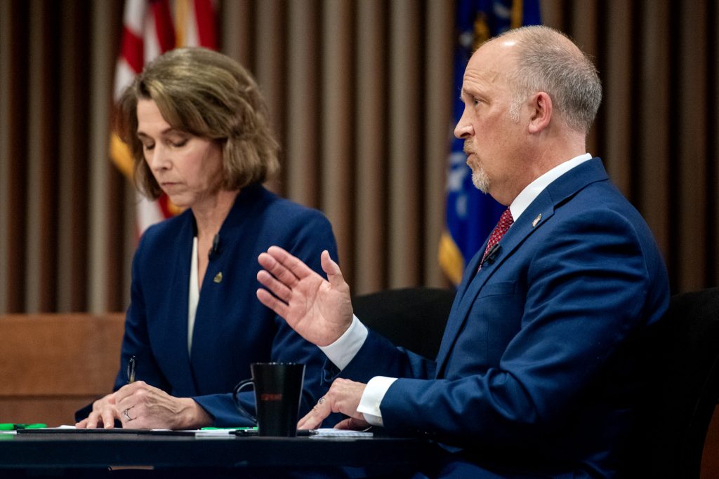 Candidates for the Wisconsin Supreme Court Brad Schimel, right, and Susan Crawford, left, participate in a debate Wednesday, March 12, 2025, at Marquette University in Milwaukee, Wis. Angela Major/WPR