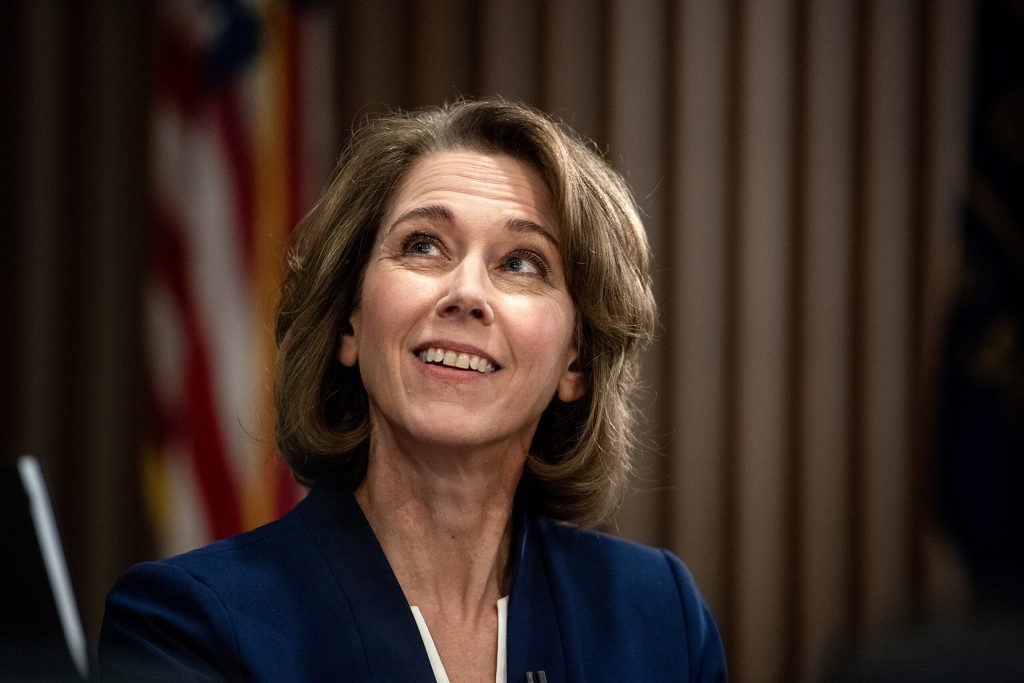 Susan Crawford prepares to debate her opponent in the Wisconsin Supreme Court race, Brad Schimel, on Wednesday, March 12, 2025, at Marquette University in Milwaukee, Wis. Angela Major/WPR