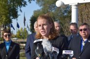 Eau Claire Democrat Rebecca Cooke speaks to reporters at the campaign event in La Crosse on Thursday, Oct. 10, 2024. Hope Kirwan/WPR