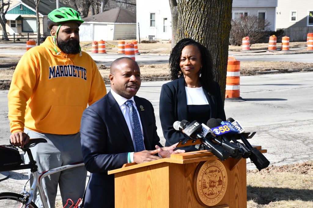 Mayor Cavalier Johnson speaks at 2025 traffic calming press conference. Photo by Jeramey Jannene.