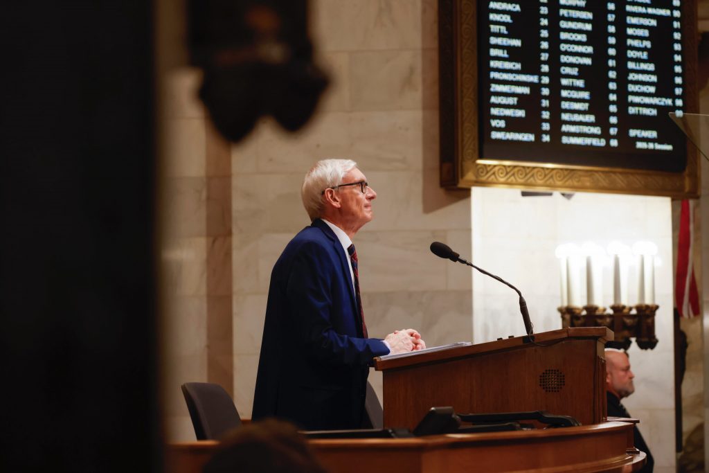 Wisconsin Gov. Tony Evers gives the 2025 budget address at the Wisconsin state Capitol building in Madison. Ruthie Hauge/The Capital Times