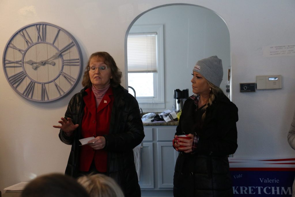 Conservative Wisconsin Court of Appeals Judge Shelly Grogan addresses Kenosha County Republican Party volunteers during a canvassing event on Feb 22, 2025. Grogan said it’s vital for Republicans to remind voters who supported President Donald Trump in November that they need to come out again to help former conservative Supreme Court candidate Brad Schimel in the April 1 election. Rich Kremer/WPR