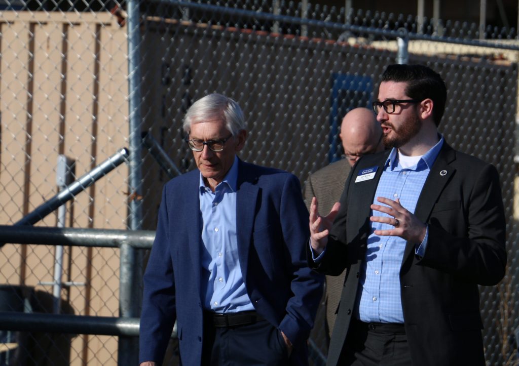 Gov. Tony Evers visits UW-Eau Claire during a press event touting Evers’ 2025 Capital Budget plan, which calls for $1.6 billion in projects for UW campuses. Rich Kremer/WPR