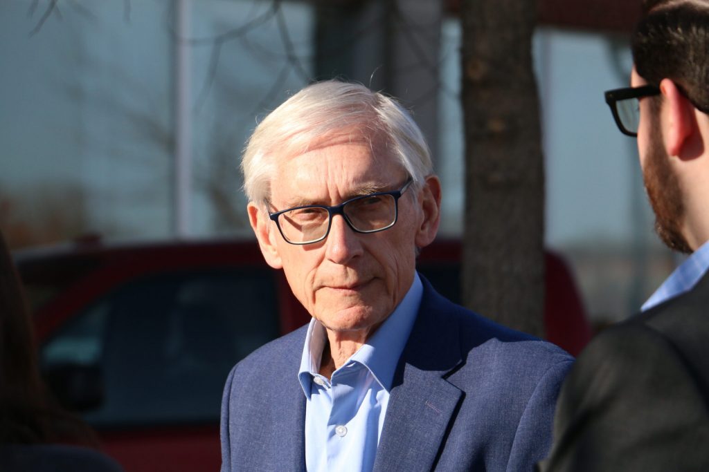 Gov. Tony Evers visits UW-Eau Claire on March 10, 2025. (Rich Kremer/WPR)