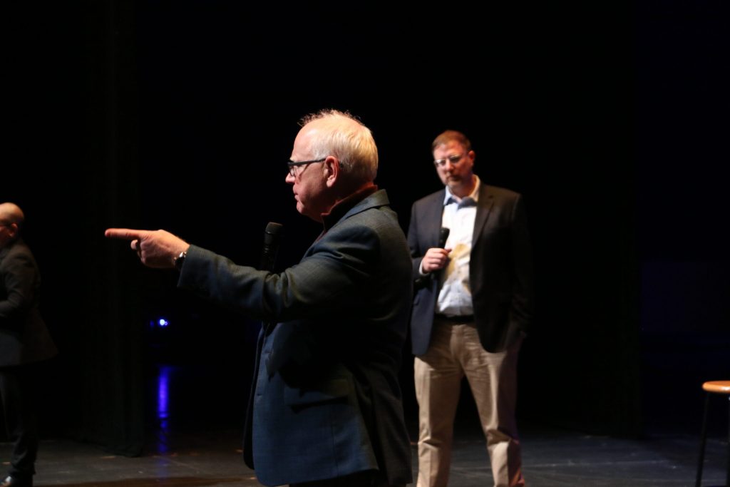 Minnesota Gov. and 2024 Democratic vice presidential candidate Tim Walz takes questions during a Tuesday town hall in Eau Claire. Rich Kremer/WPR